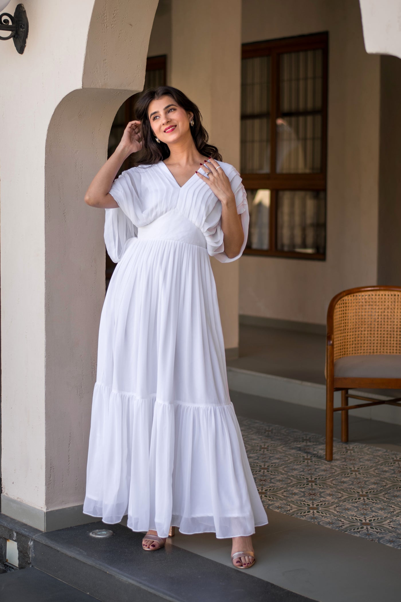 White Pleated Layered Maxi Dress