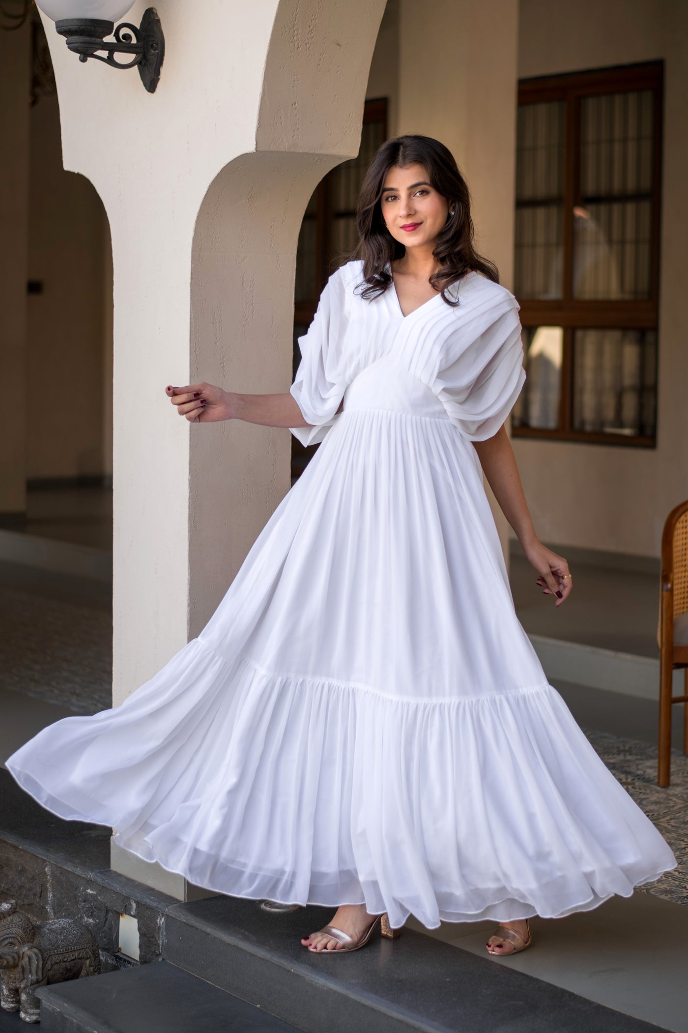 White Pleated Layered Maxi Dress Label Shaurya Sanadhya