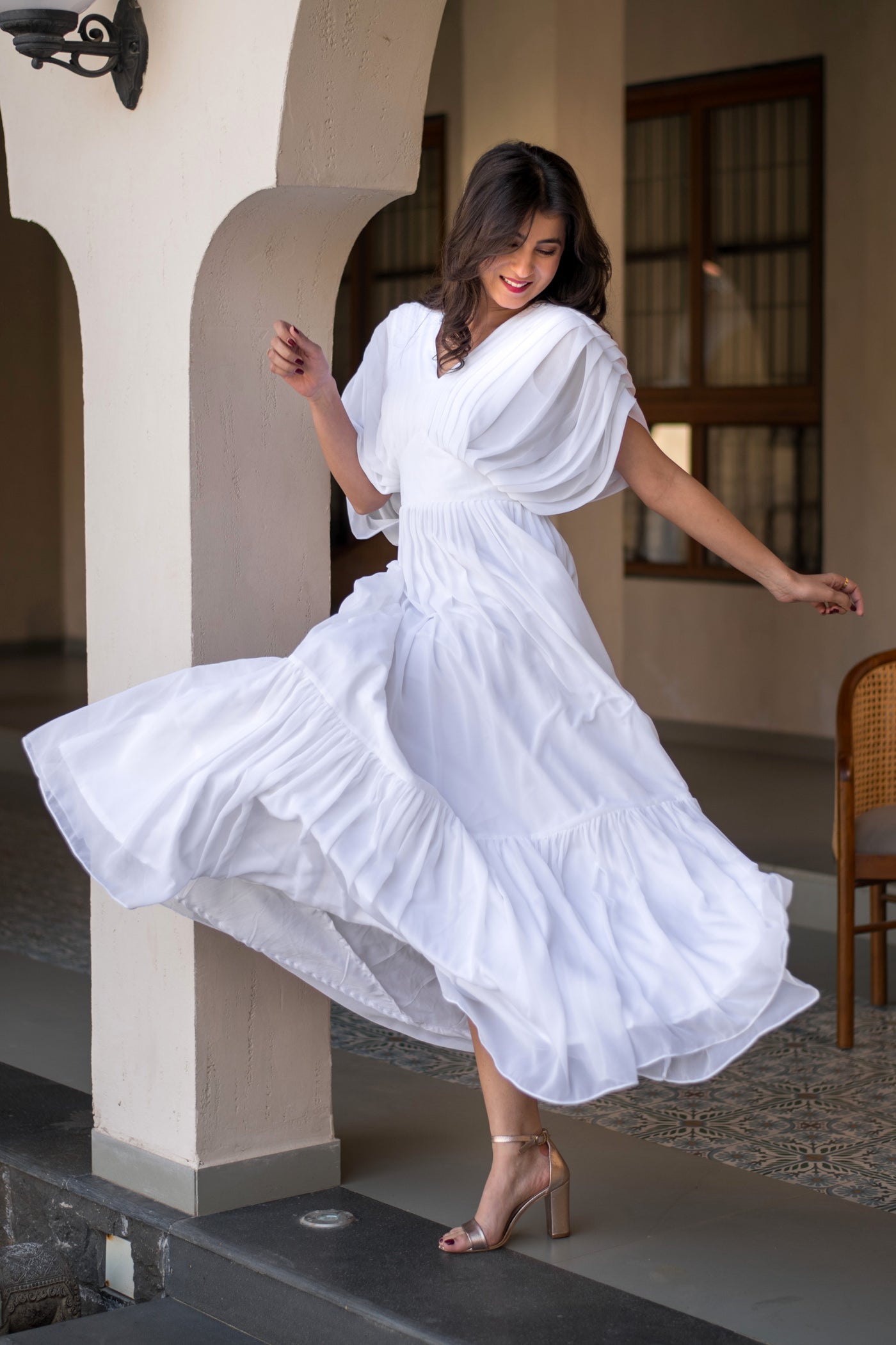 White Pleated Layered Maxi Dress