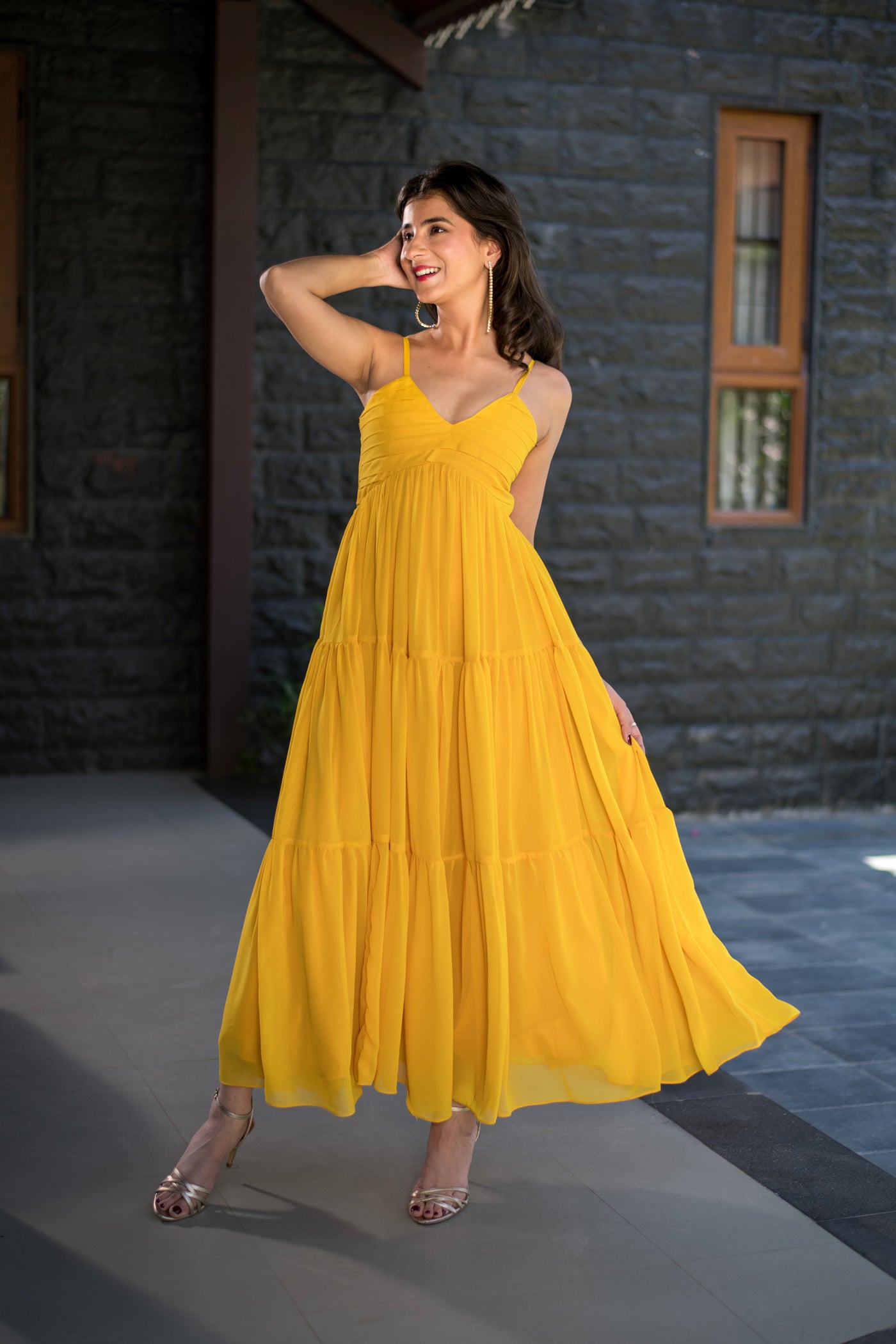 Mustard Tie Up Georgette Maxi Dress