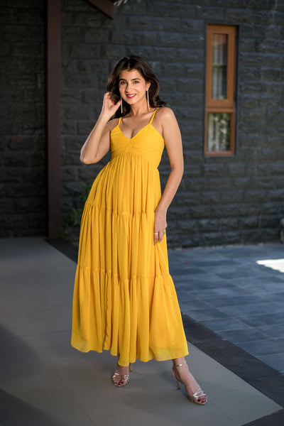 Mustard Tie Up Georgette Maxi Dress