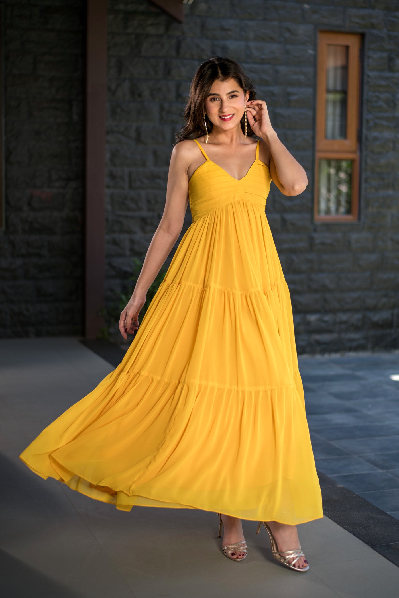 Mustard Tie Up Georgette Maxi Dress