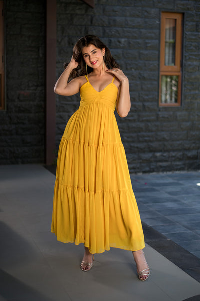 Mustard Tie Up Georgette Maxi Dress