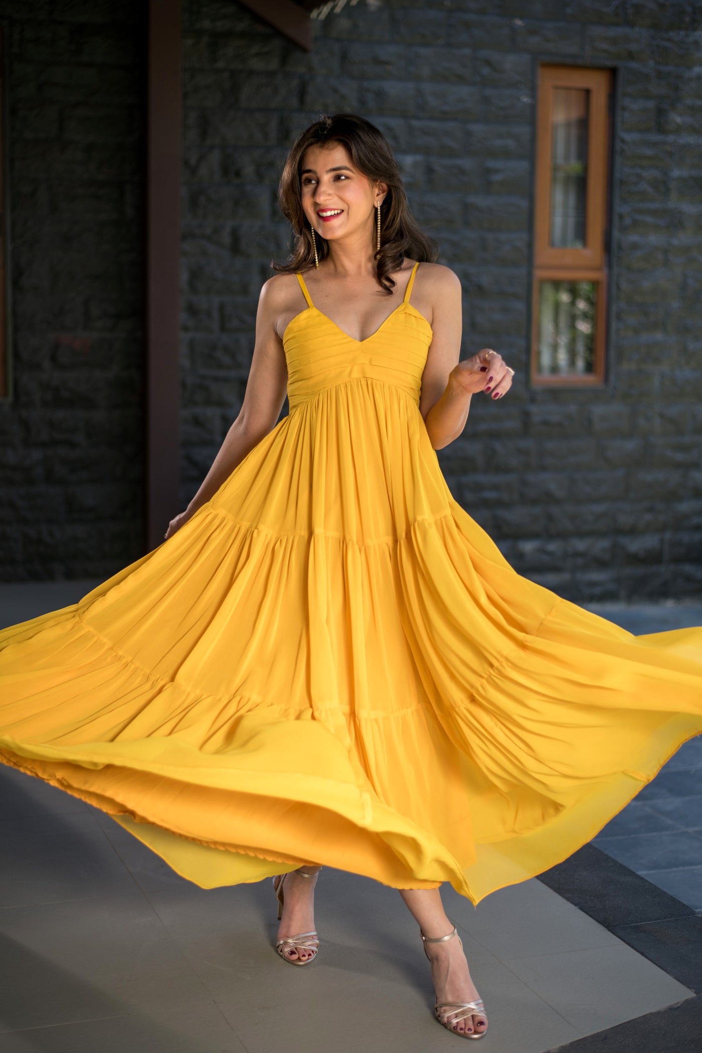 Mustard Tie Up Georgette Maxi Dress