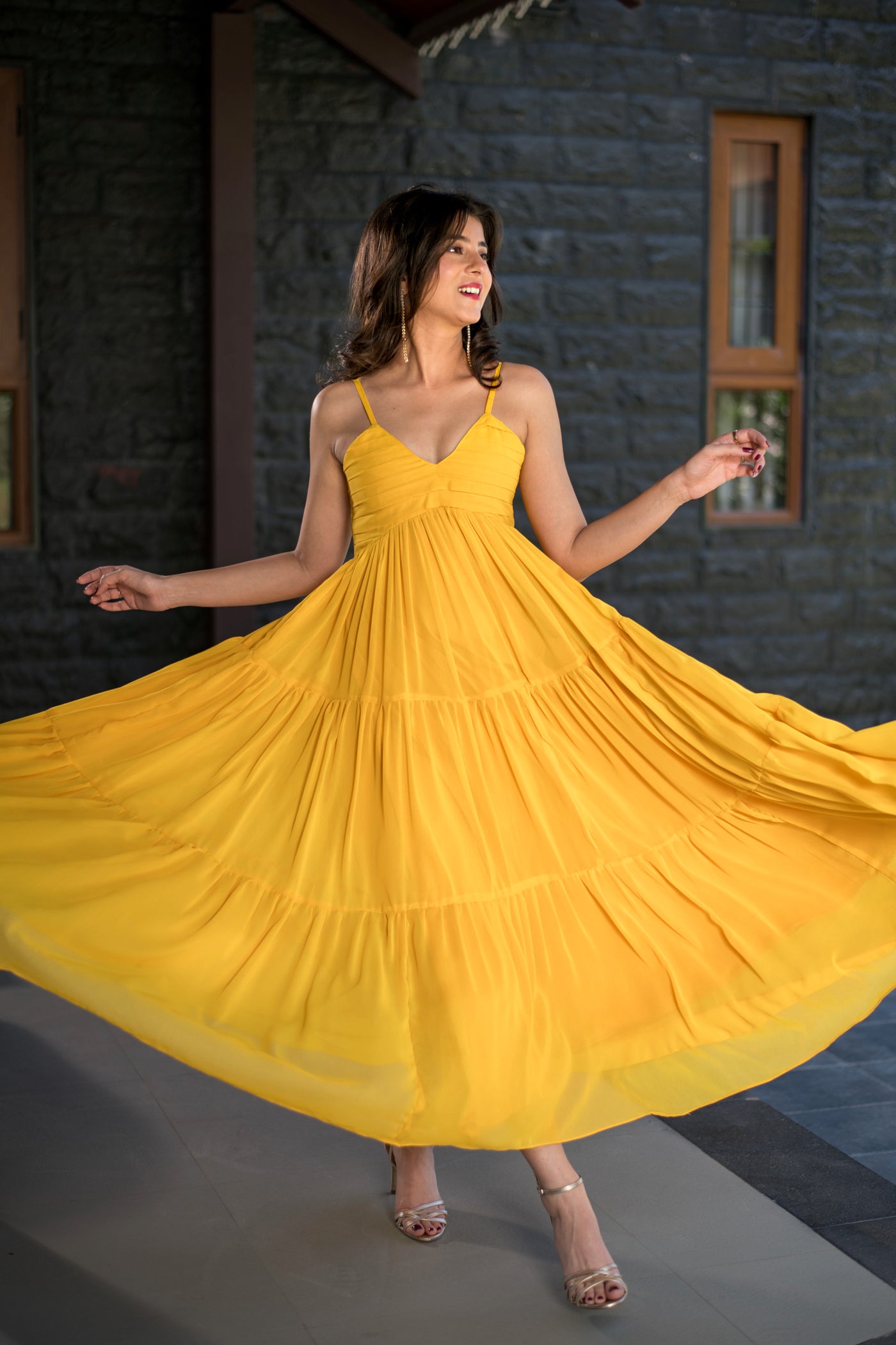 Mustard Tie Up Georgette Maxi Dress