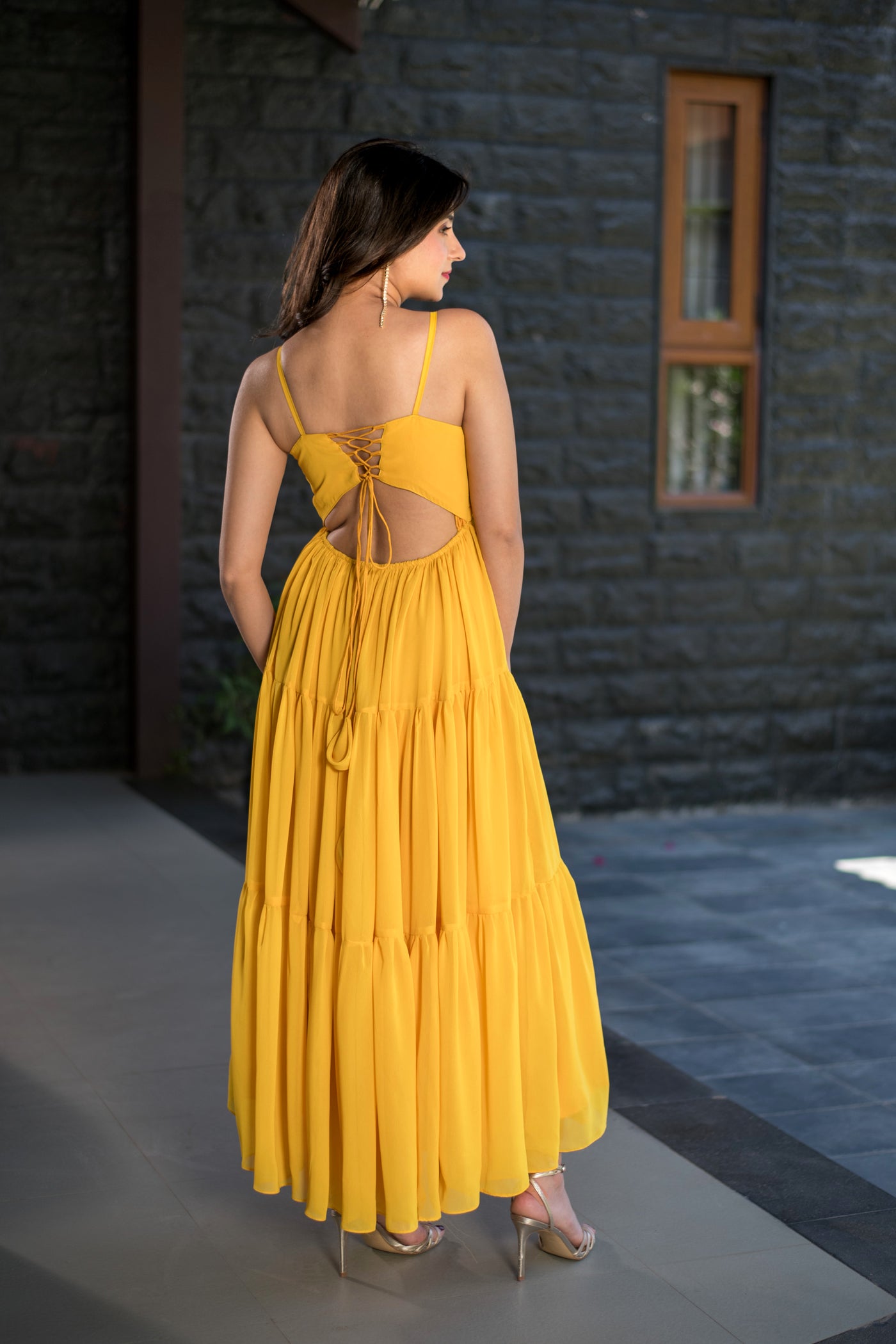 Mustard Tie Up Georgette Maxi Dress