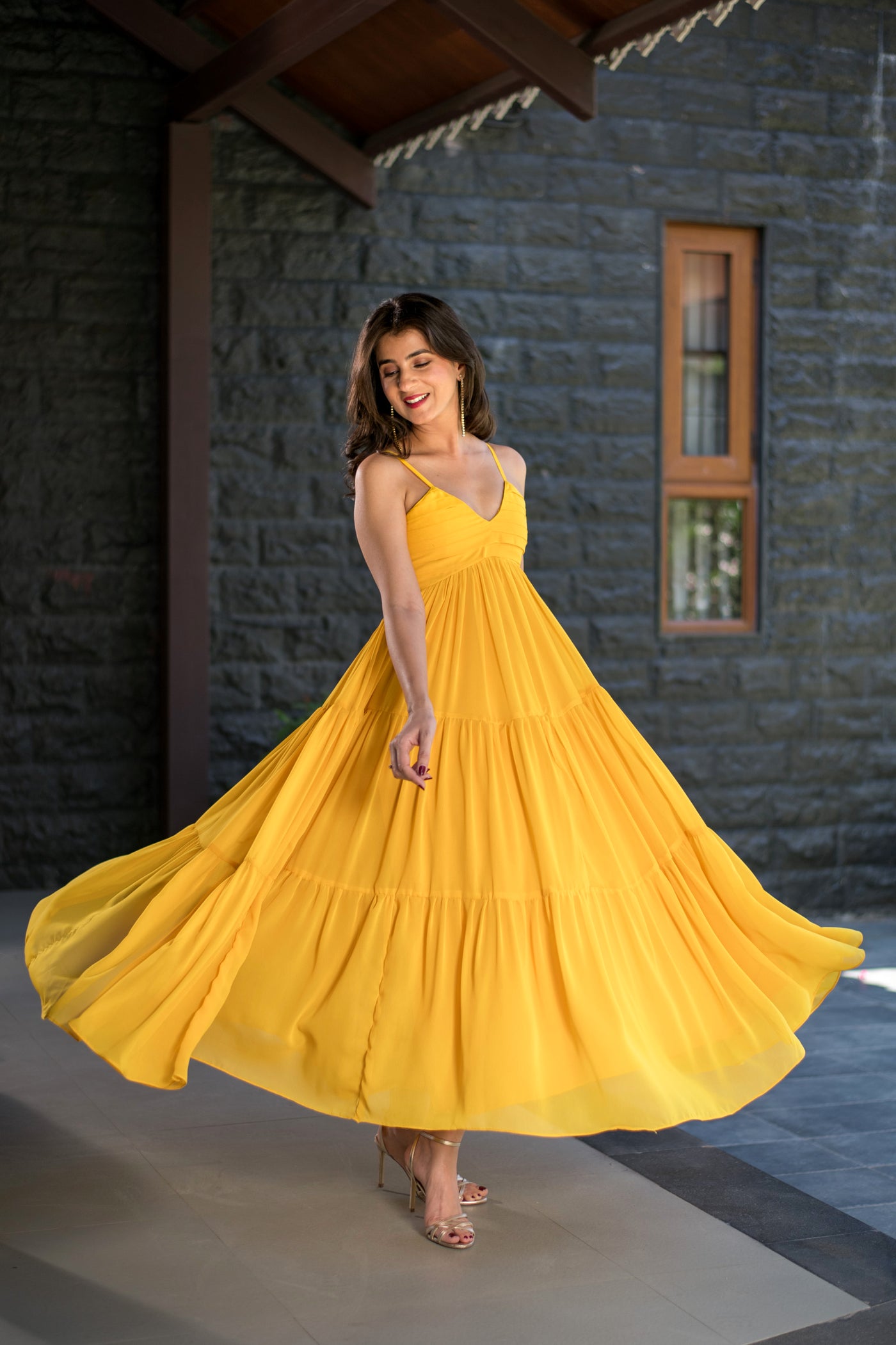 Mustard Tie Up Georgette Maxi Dress