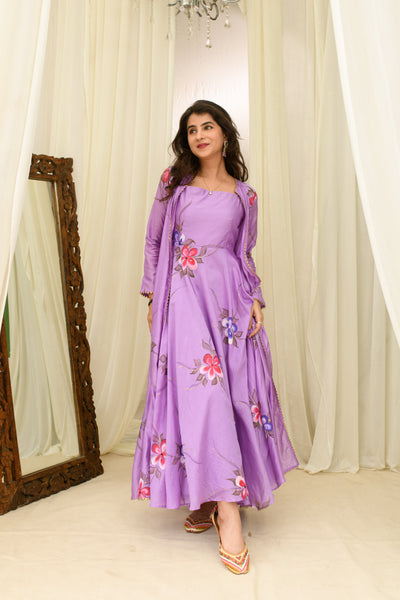 Light Purple Chanderi Hand Painted Anarkali With Jacket