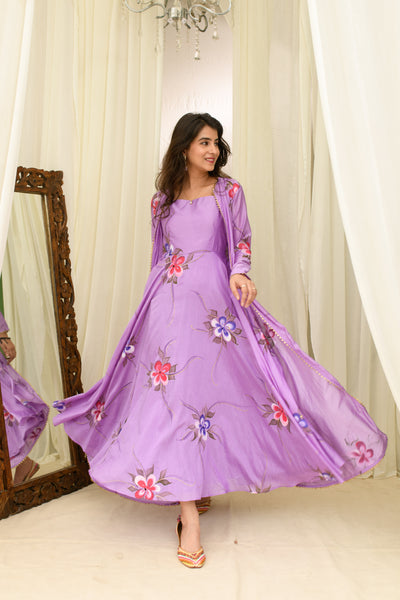 Light Purple Chanderi Hand Painted Anarkali With Jacket