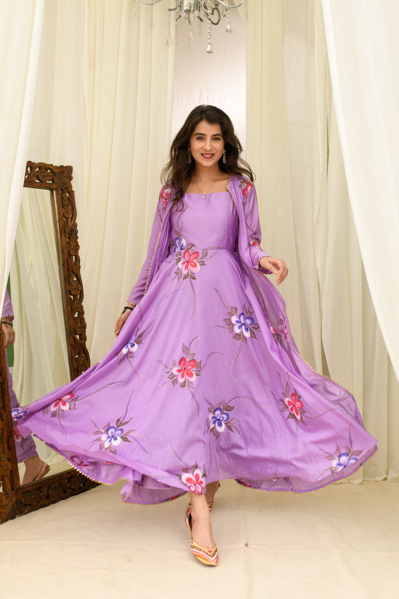 Light Purple Chanderi Hand Painted Anarkali With Jacket