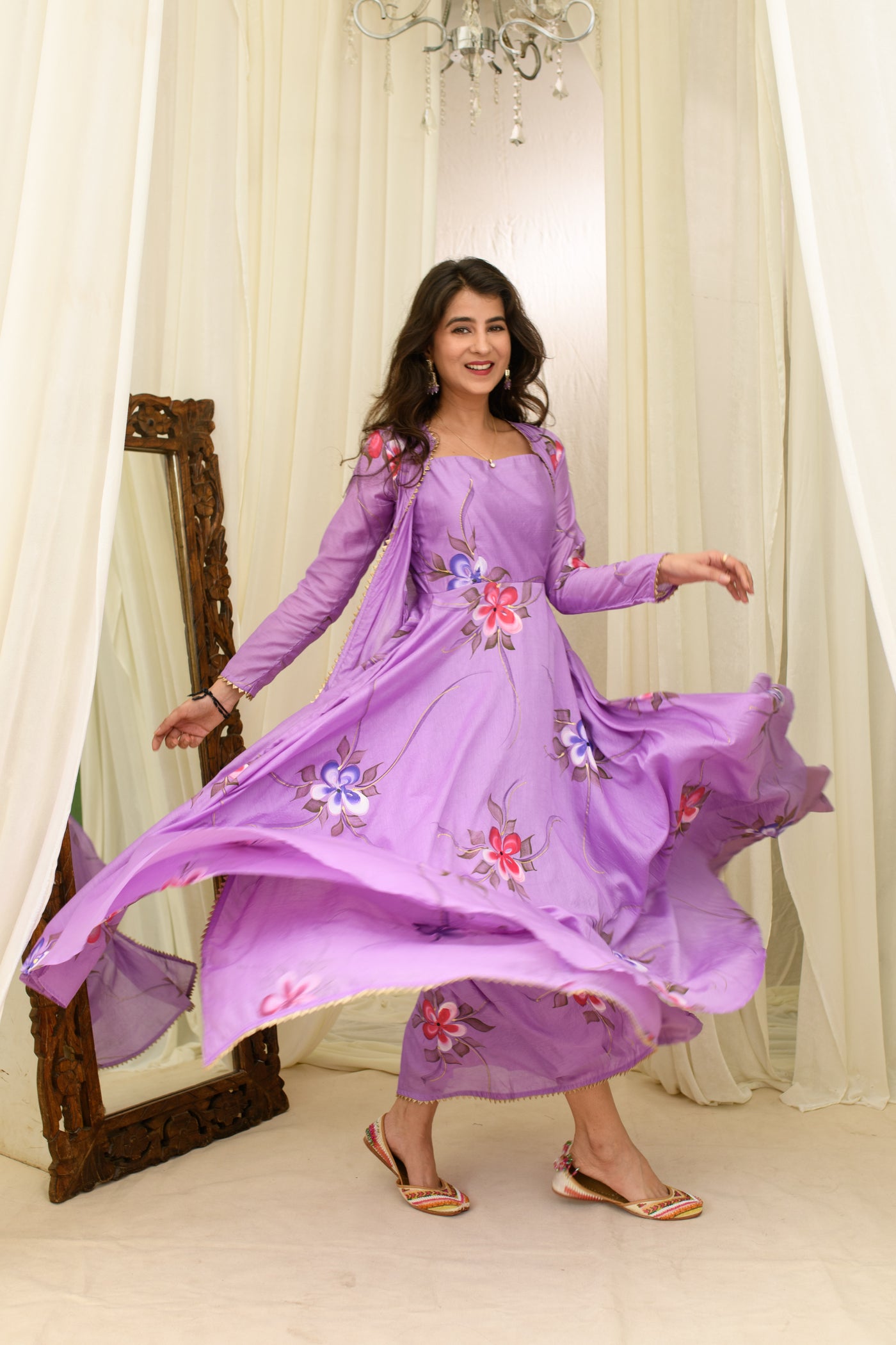 Light Purple Chanderi Hand Painted Anarkali With Jacket