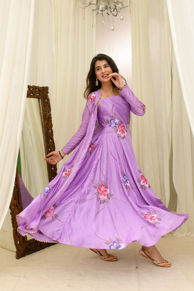 Light Purple Chanderi Hand Painted Anarkali With Jacket