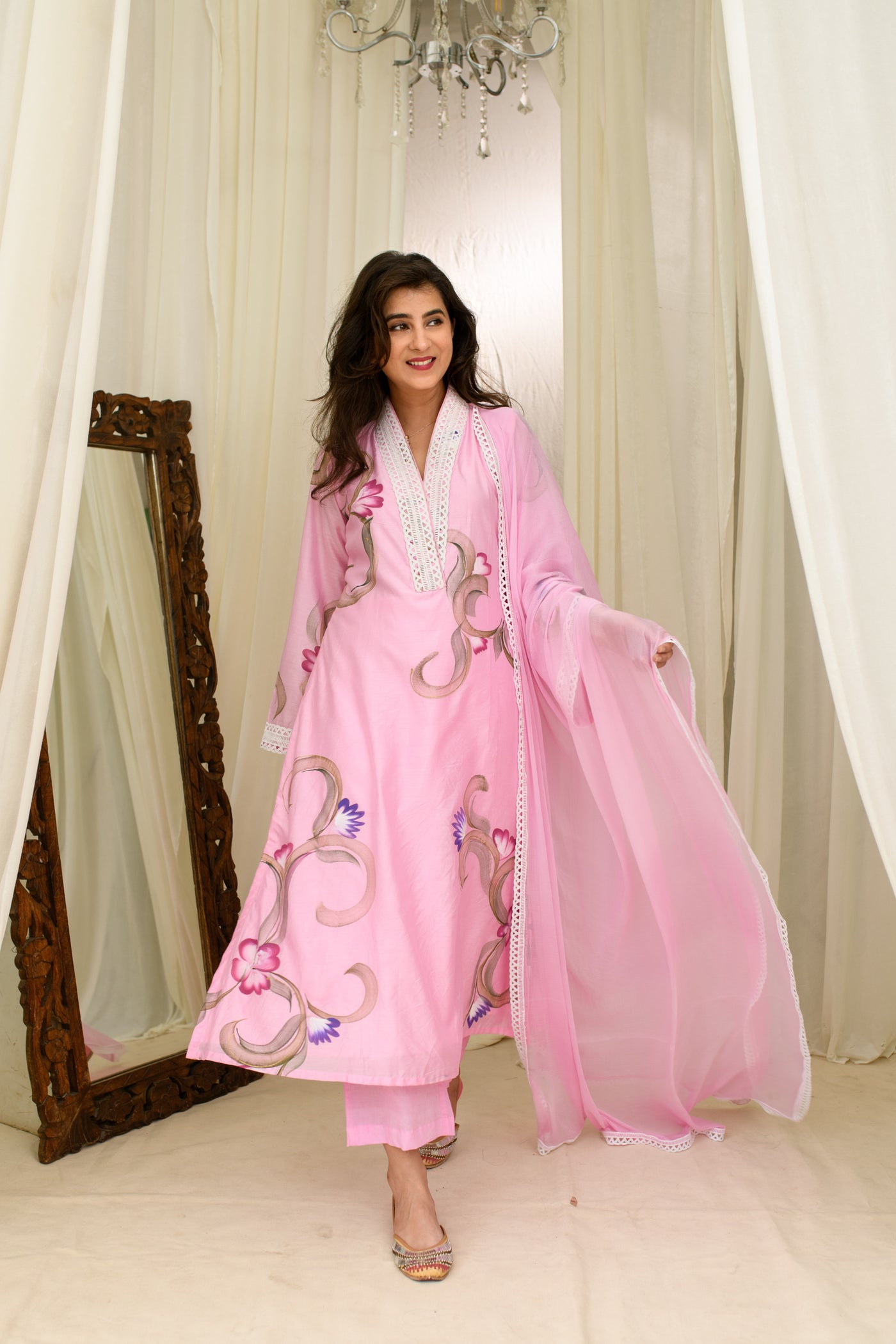 Pink Chanderi hand Painted Kurta