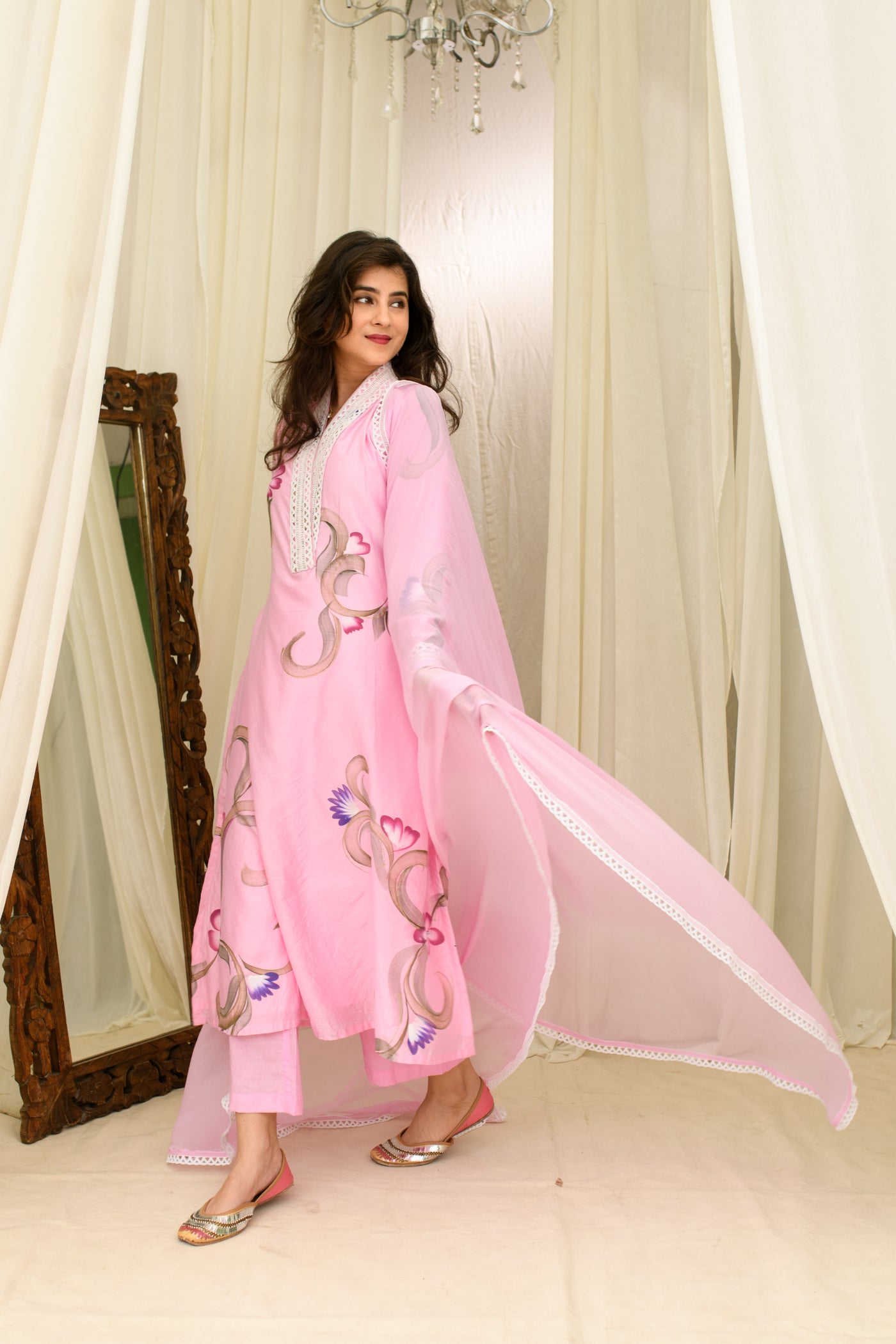 Pink Chanderi hand Painted Kurta