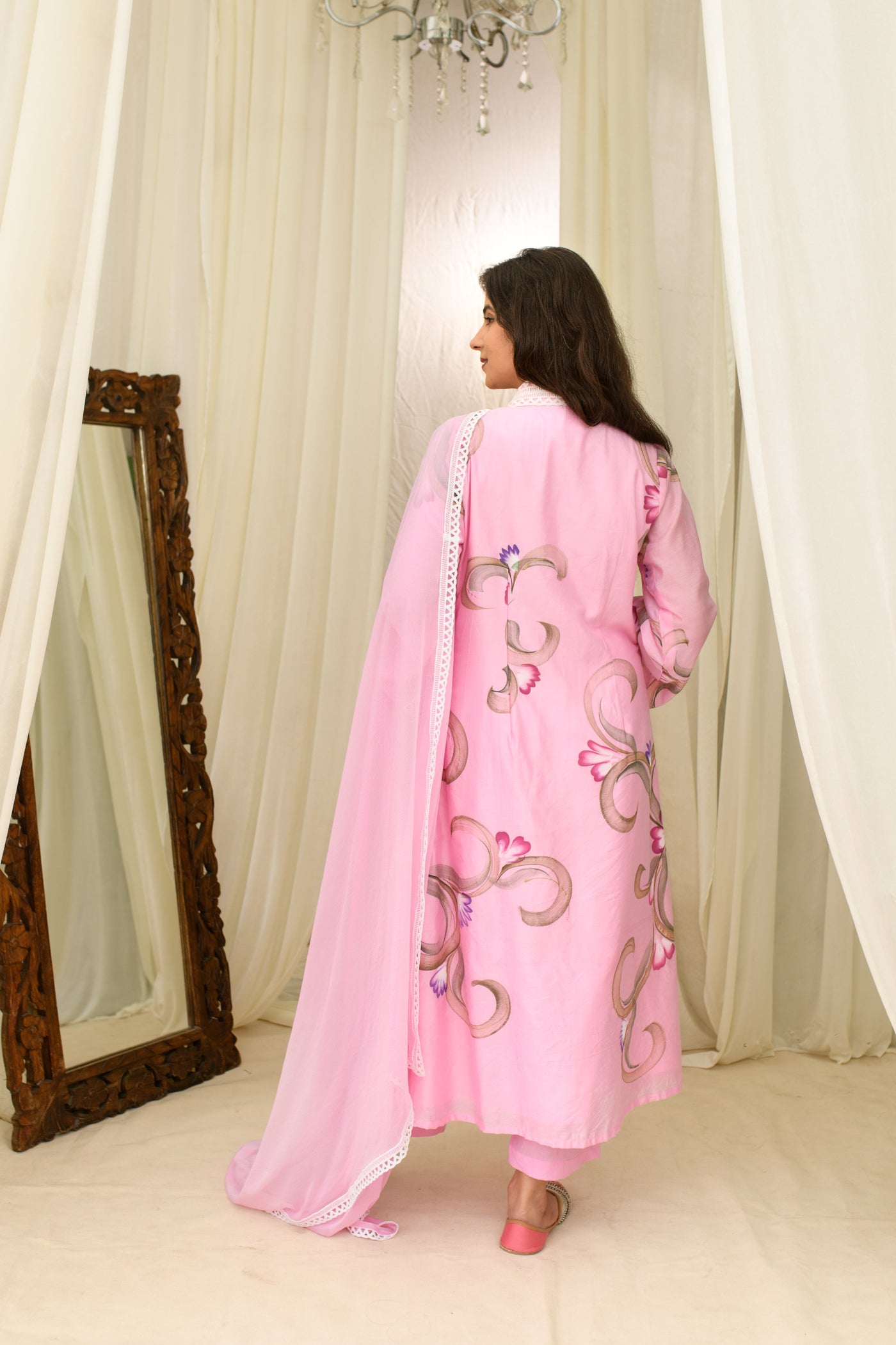 Pink Chanderi hand Painted Kurta