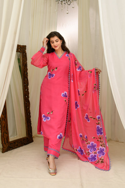 Dark Pink Hand Painted Kurta Set