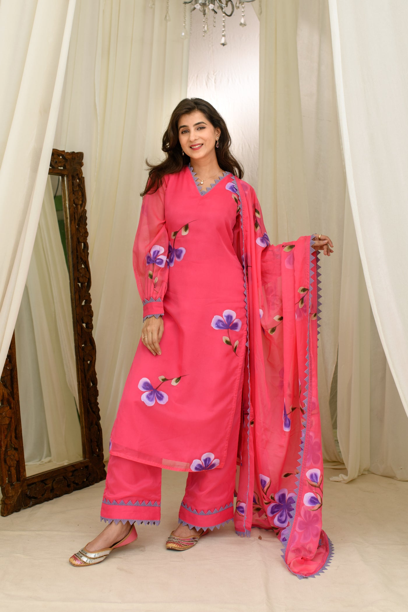 Dark Pink Hand Painted Kurta Set