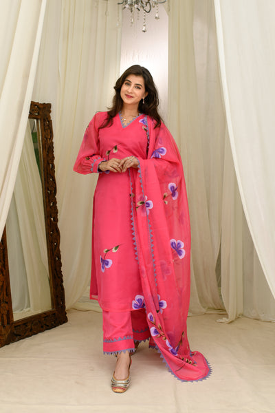 Dark Pink Hand Painted Kurta Set