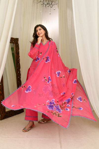 Dark Pink Hand Painted Kurta Set