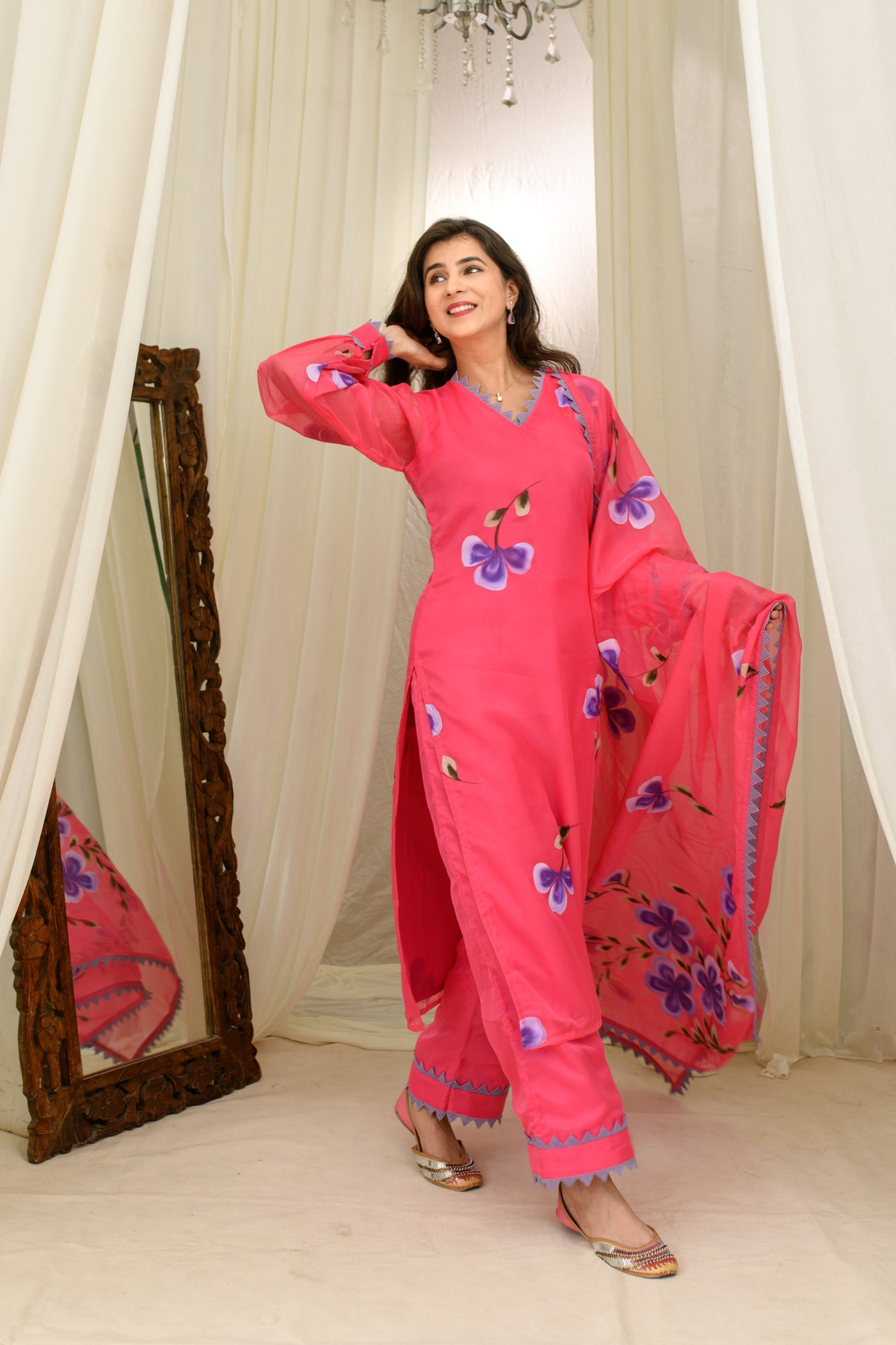 Dark Pink Hand Painted Kurta Set