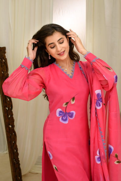 Dark Pink Hand Painted Kurta Set