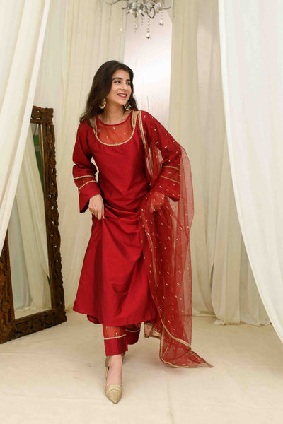 Maroon Silk Aline Kurta Set