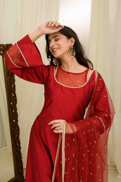 Maroon Silk Aline Kurta Set