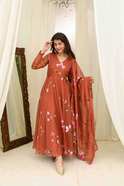 Rusty Orange Hand Painted Anarkali Set