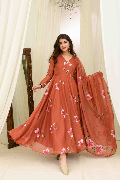 Rusty Orange Hand Painted Anarkali Set