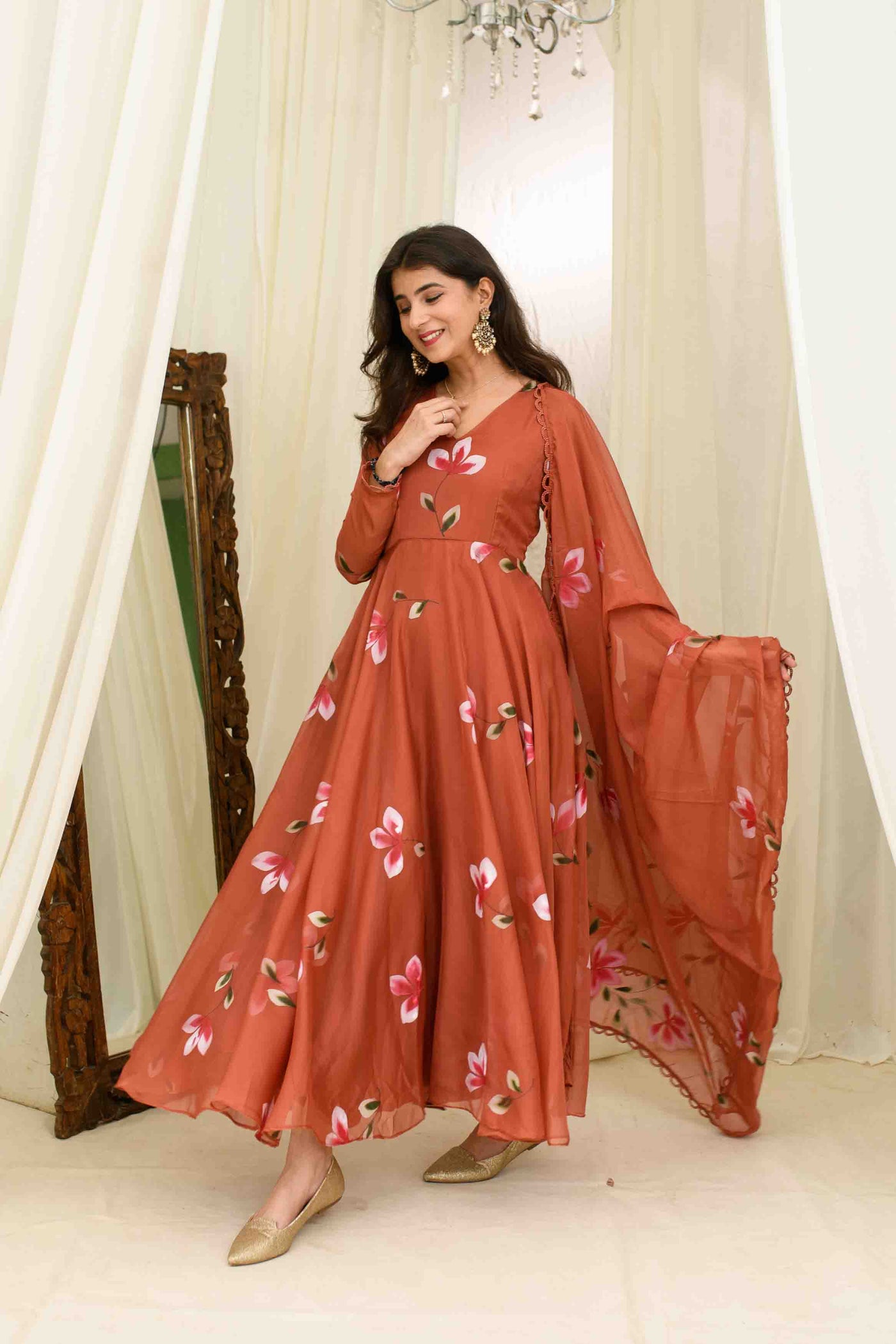 Rusty Orange Hand Painted Anarkali Set