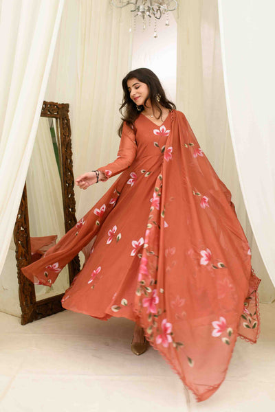 Rusty Orange Hand Painted Anarkali Set