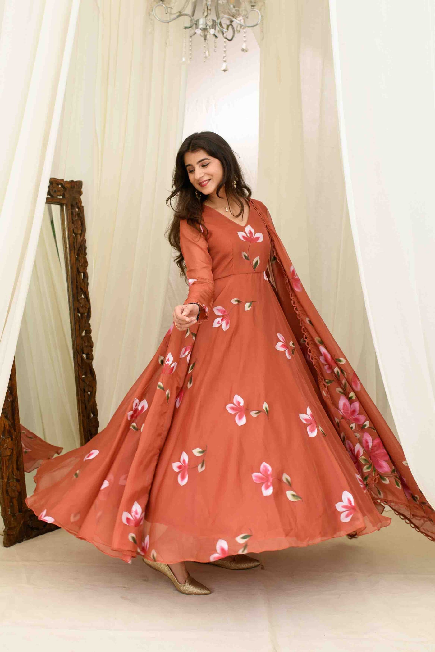 Rusty Orange Hand Painted Anarkali Set