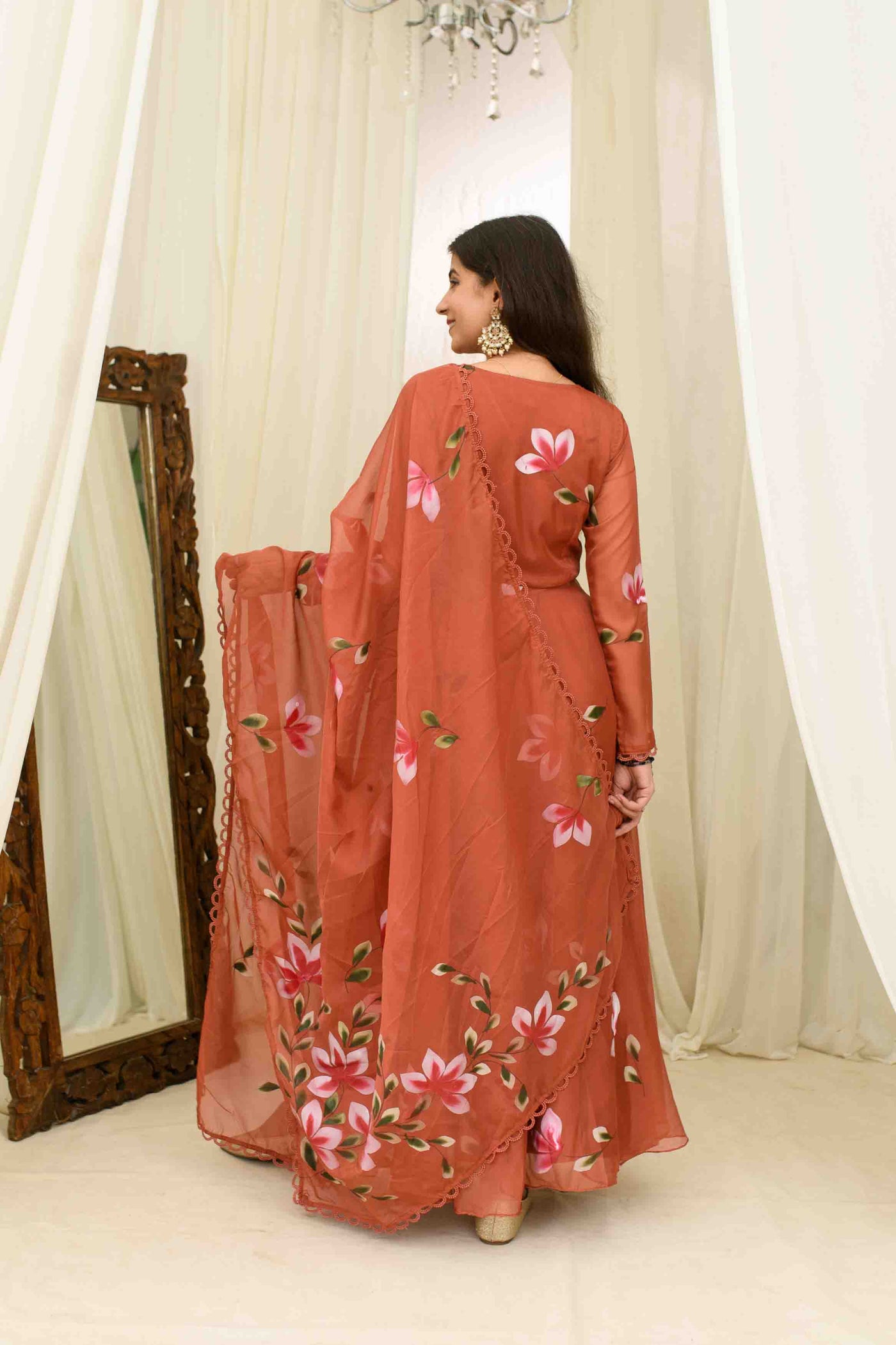 Rusty Orange Hand Painted Anarkali Set