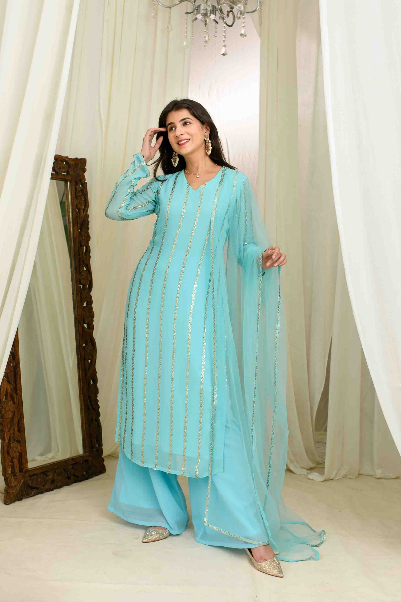 Light Blue And Gold Kurta Set With Pallazo