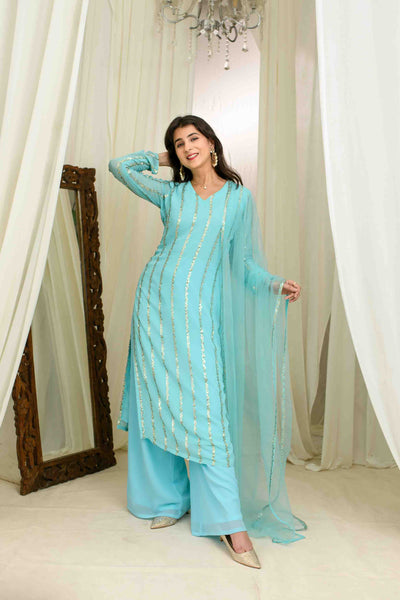 Light Blue And Gold Kurta Set With Pallazo