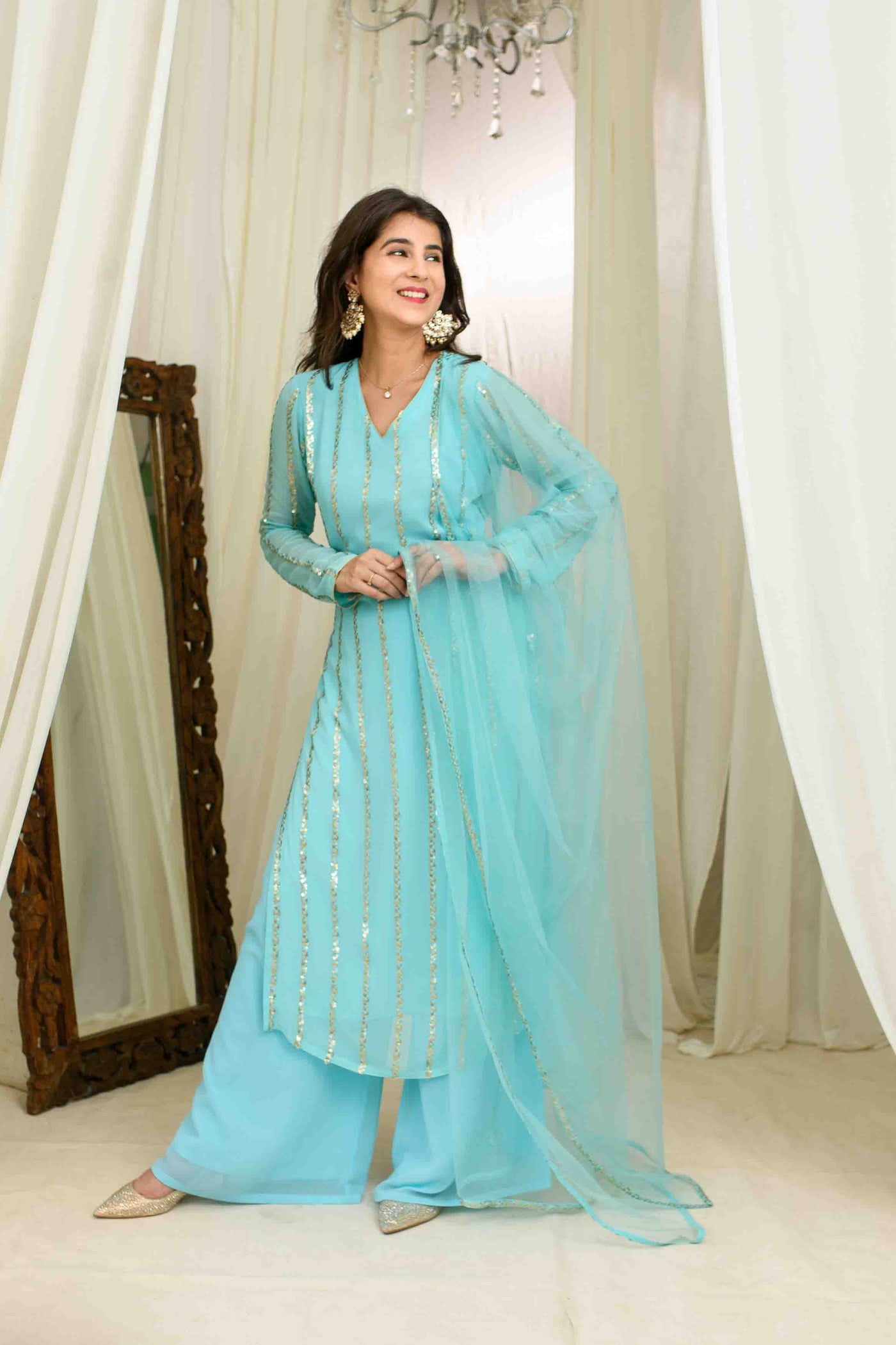 Light Blue And Gold Kurta Set With Pallazo