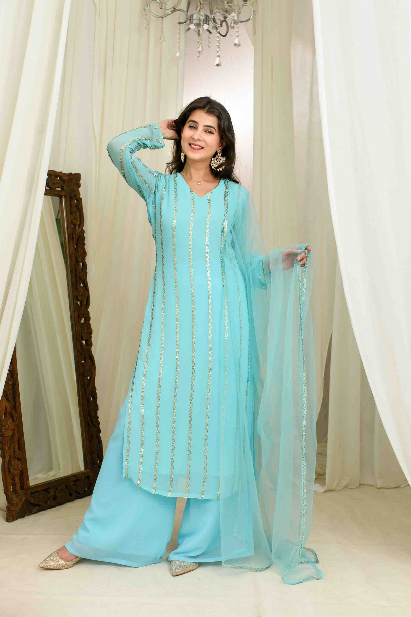 Light Blue And Gold Kurta Set With Pallazo