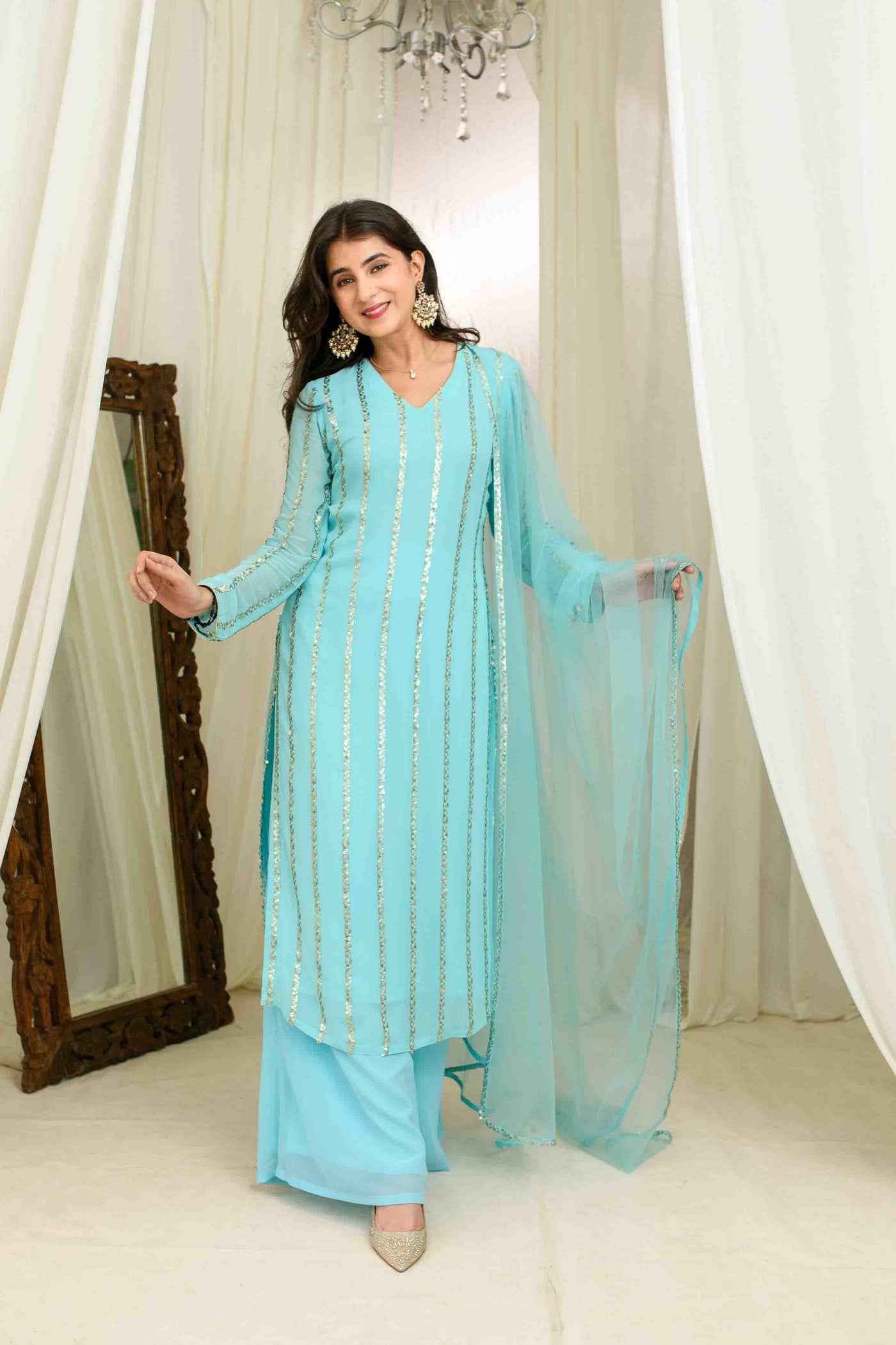 Light Blue And Gold Kurta Set With Pallazo