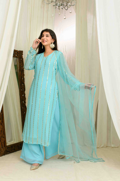 Light Blue And Gold Kurta Set With Pallazo