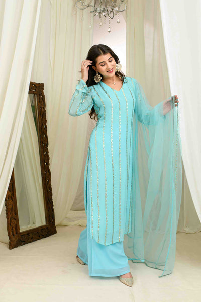 Light Blue And Gold Kurta Set With Pallazo