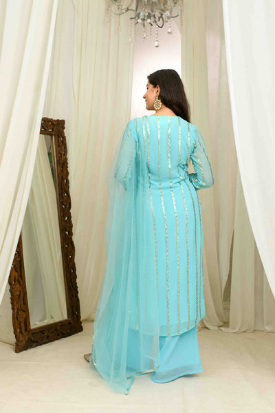 Light Blue And Gold Kurta Set With Pallazo