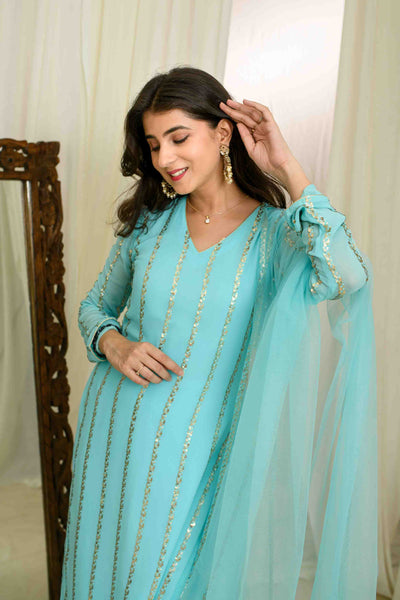 Light Blue And Gold Kurta Set With Pallazo