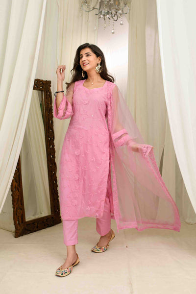 Mauve Pink Thread Work Kurta Set