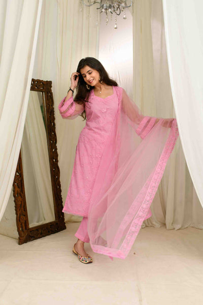 Mauve Pink Thread Work Kurta Set