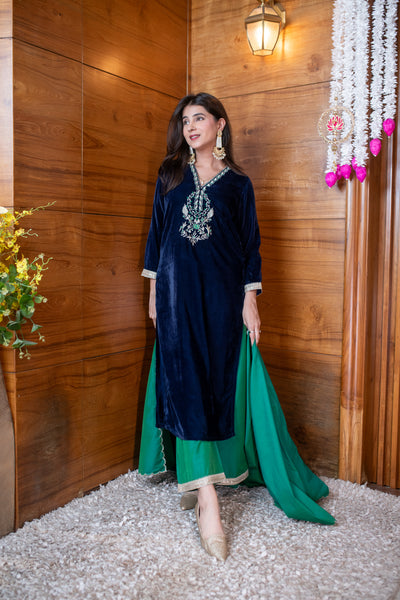 Velvet Navy Blue And Green Embroidered Kurta Set