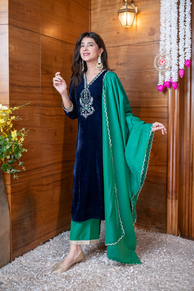 Velvet Navy Blue And Green Embroidered Kurta Set