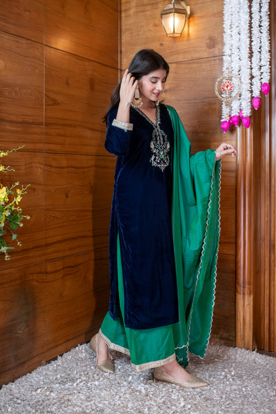 Velvet Navy Blue And Green Embroidered Kurta Set