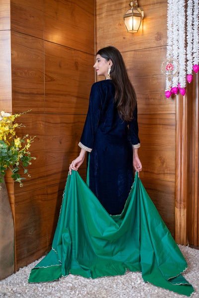 Velvet Navy Blue And Green Embroidered Kurta Set