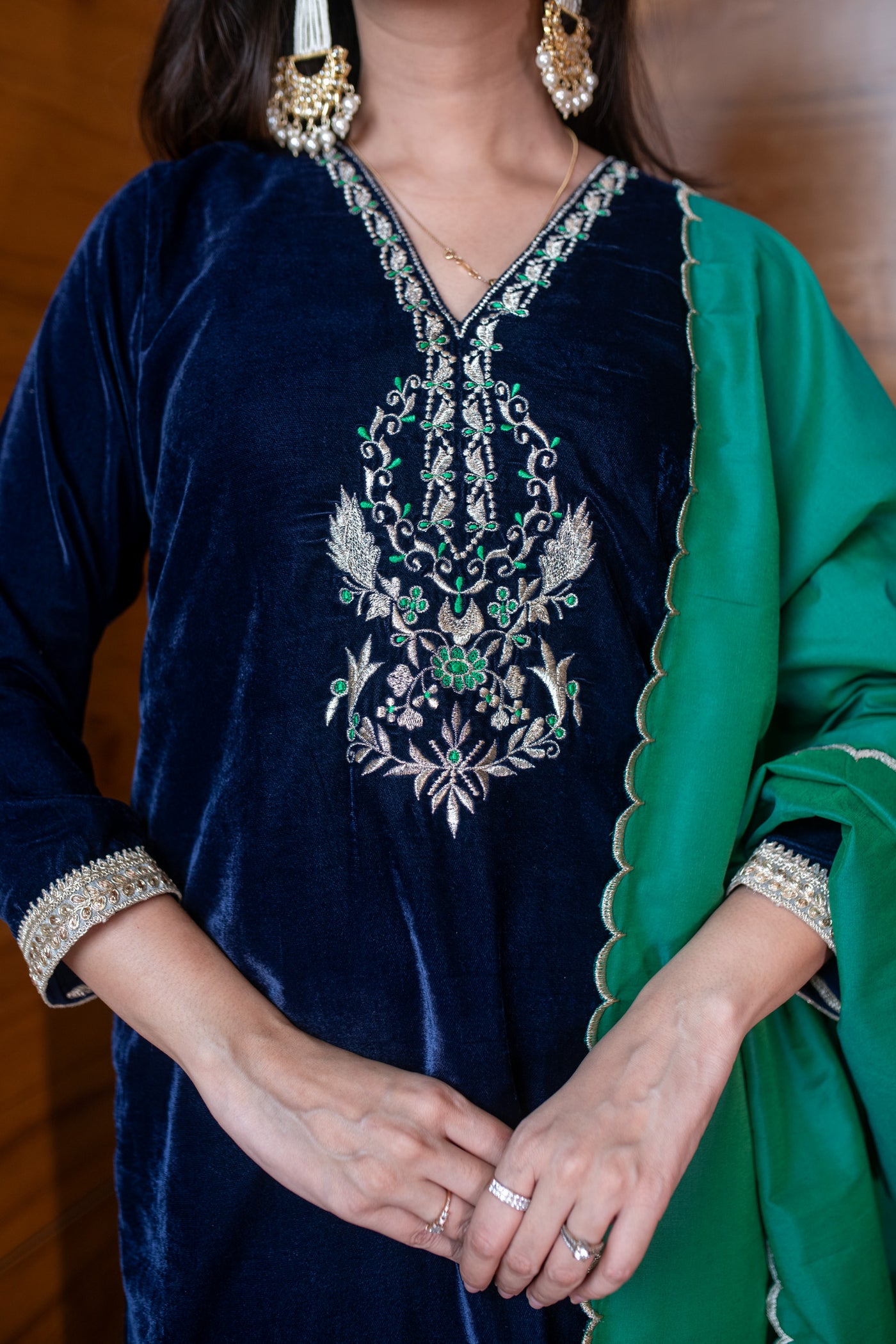 Velvet Navy Blue And Green Embroidered Kurta Set