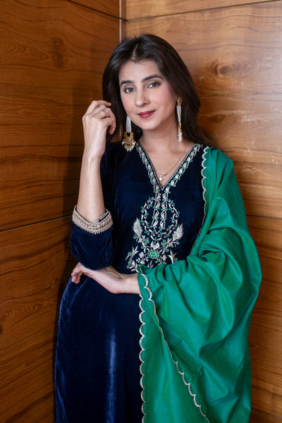 Velvet Navy Blue And Green Embroidered Kurta Set